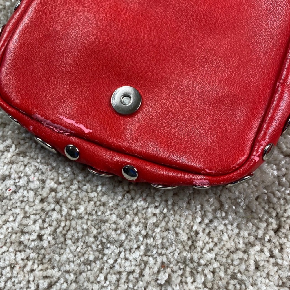 Red Studded Mini Crossbody Bag Silver Hardware Chain Strap Edgy Festival Style - Picture 5 of 8